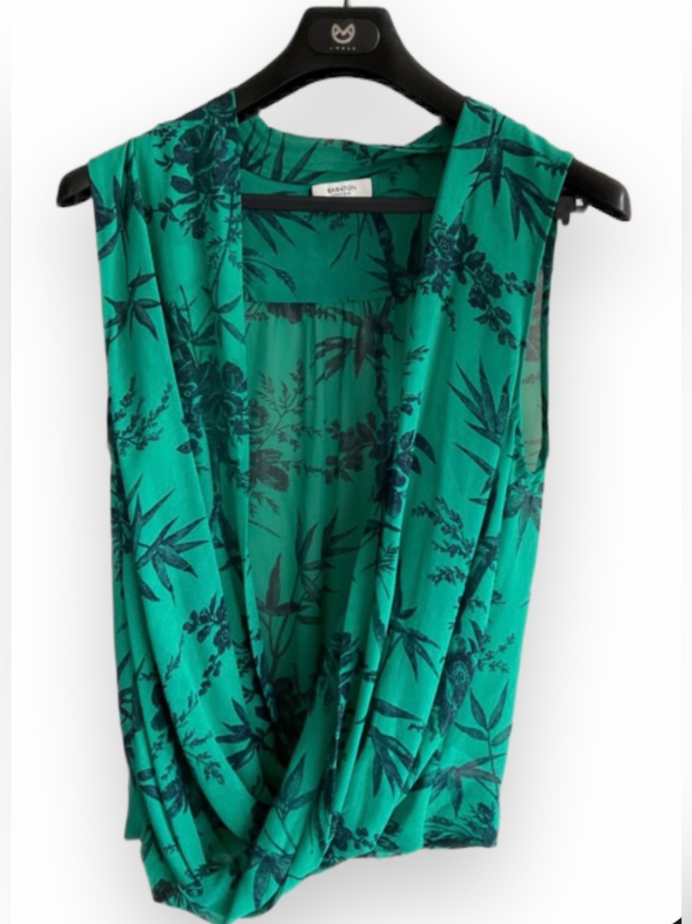 ARITZIA Babaton 100% Silk Botanical Blouse Tropical Palm Leaf Green Navy LARGE